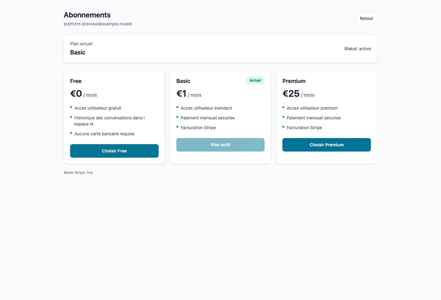Page abonnements avec les plans Free, Moyen et Plus
